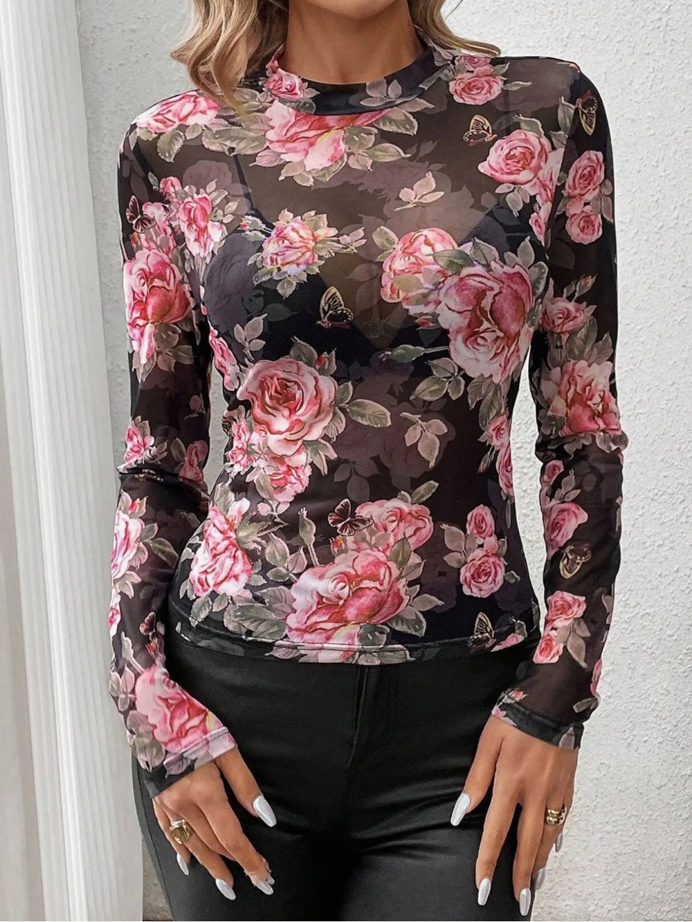 ShopEvelynne Black Sheer Floral Long-Sleeve Top with Pink Roses